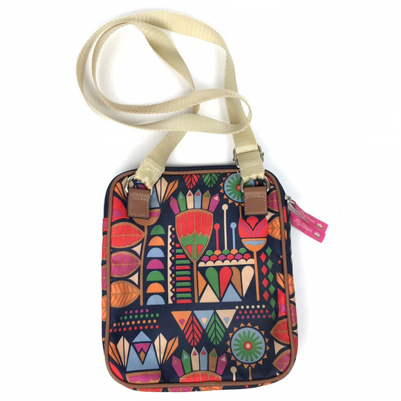 LILY BLOOM Crossbody Purse Navy Blue Floral Bird Print Pockets Zippers Nylon - Picture 4 of 13